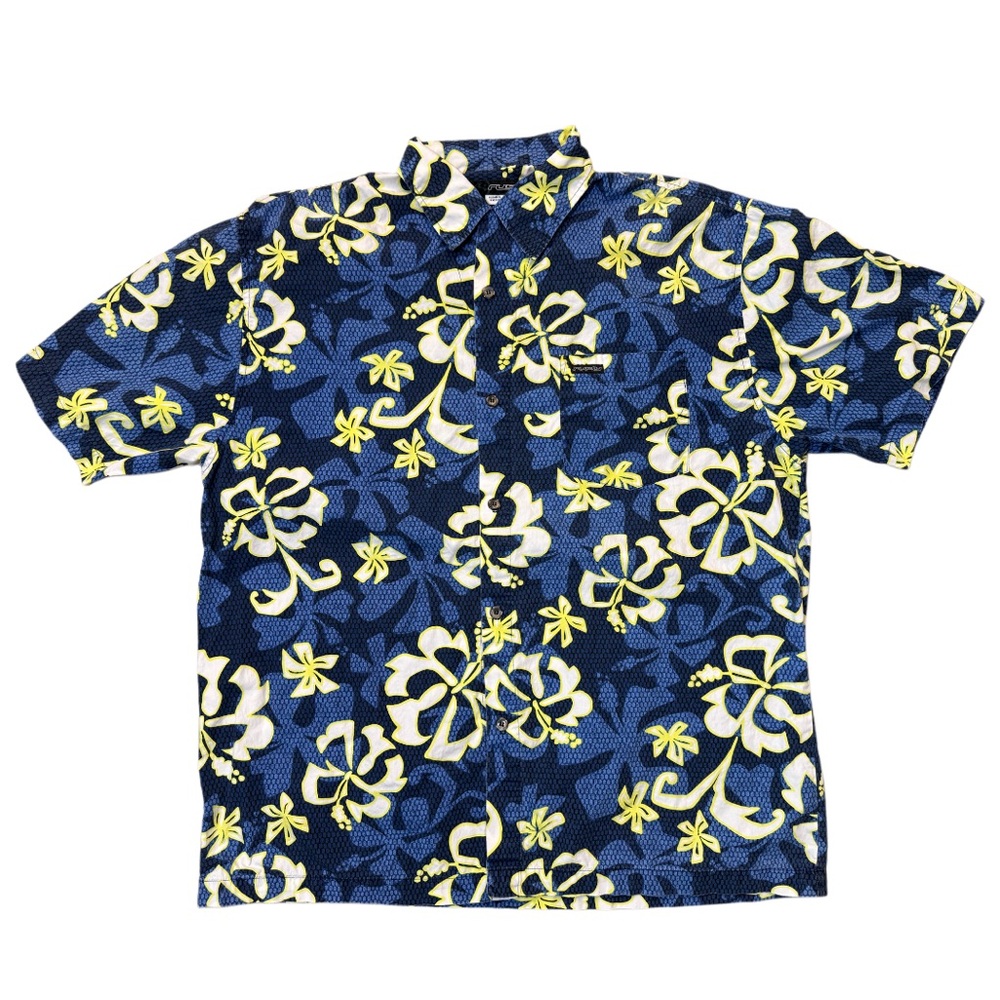 Rusty Y2K Blue Hawaiian Hibiscus Floral Button Up Men’s Size Large